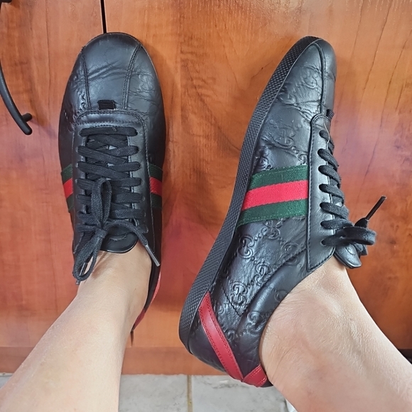 Gucci Black Guccissima Leather Web Detail Low Top Women Sneakers Size 39.5 - Picture 1 of 12